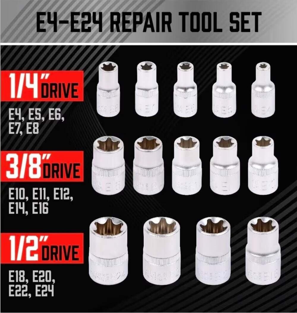 14-Piece E-Torx Star Female Bit Socket Set (E4-E24) with Carrying Case